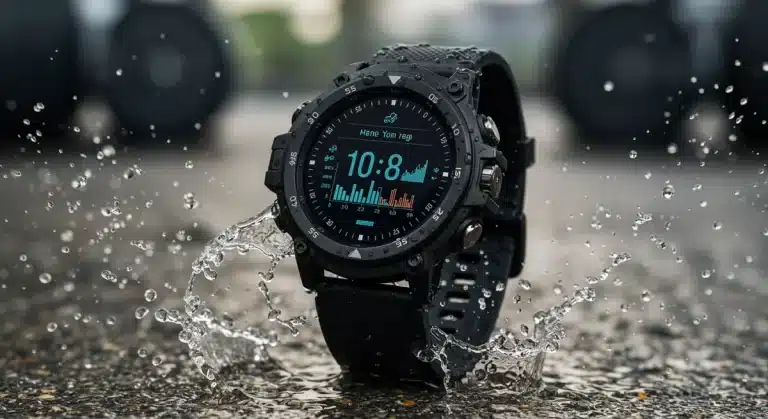 Rugged smartwatch partially submerged in water, displaying fitness data for active users.