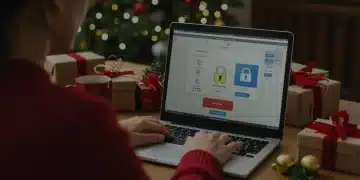 Secure online holiday shopping on a laptop with festive decorations.