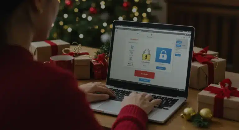Secure online holiday shopping on a laptop with festive decorations.