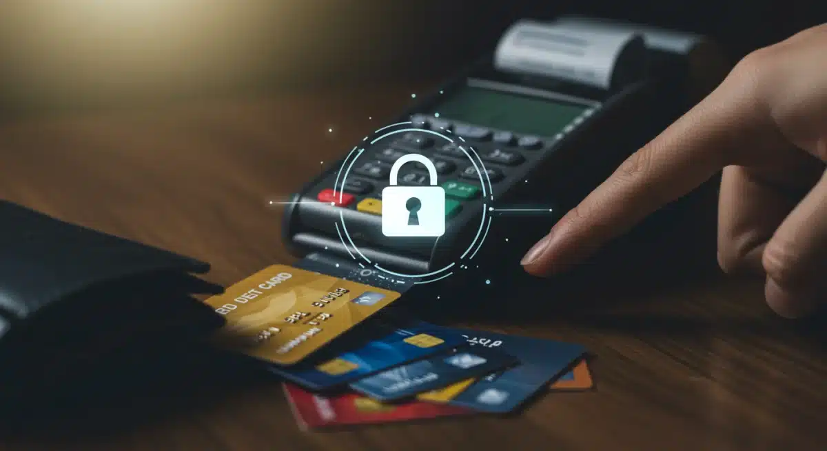 Credit cards and secure payment terminal for holiday transactions.