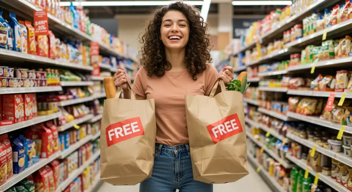 Happy shopper with two grocery bags, one free, from a BOGO deal.