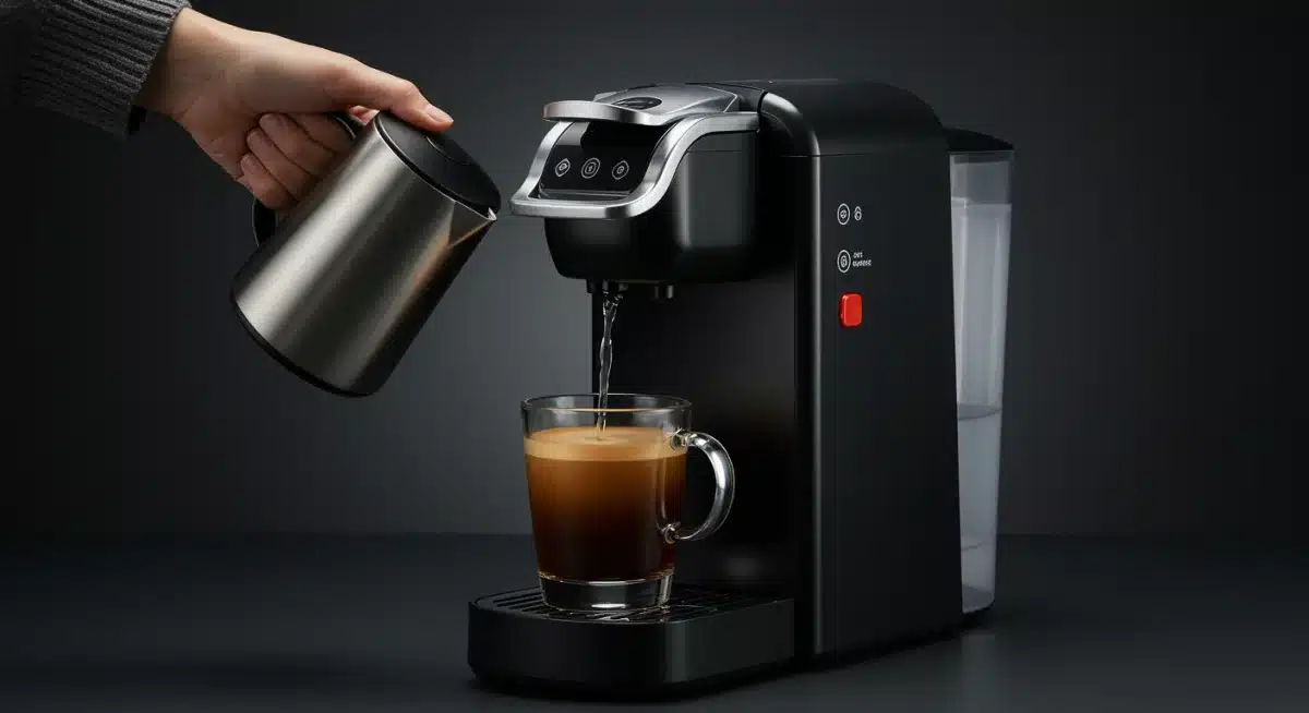 Hand pouring water into a single-serve coffee maker reservoir.