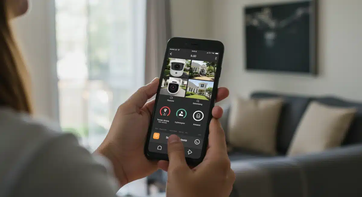 User interacting with smart home security app on smartphone