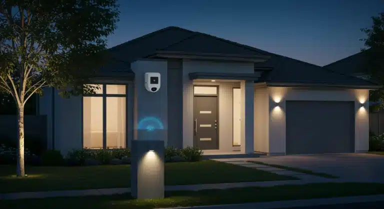 Smart home security system protecting a modern house at dusk