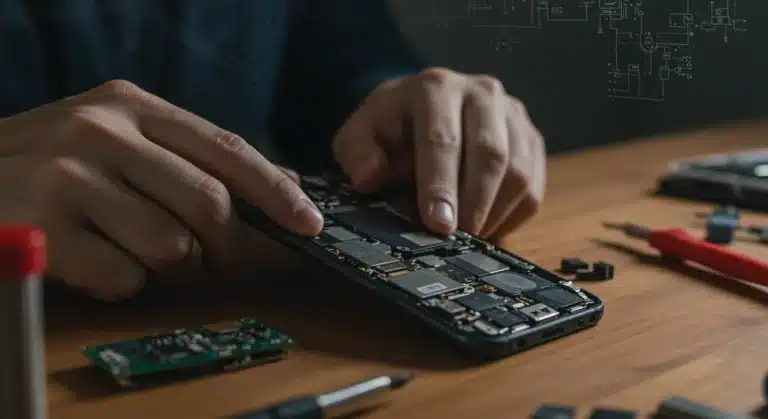Hands repairing a smartphone with tools, symbolizing the right to repair movement in 2026.