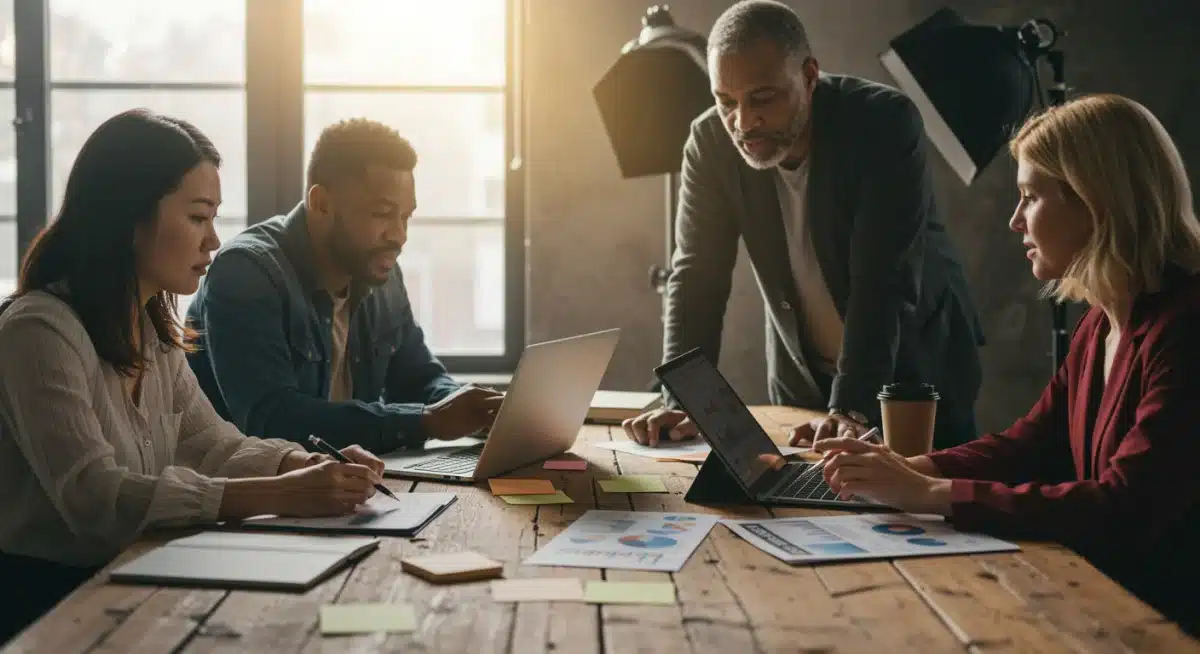 Diverse team collaborating on social media strategy with laptops and data analysis.