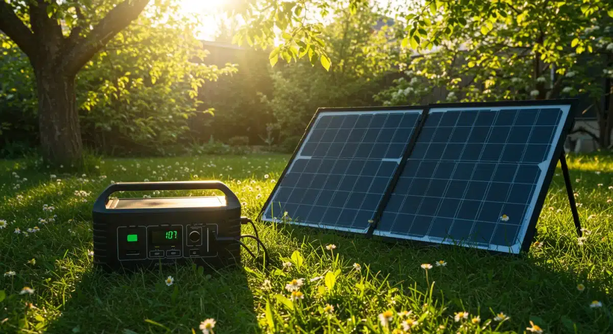 Portable power station connected to and charging from a solar panel outdoors.