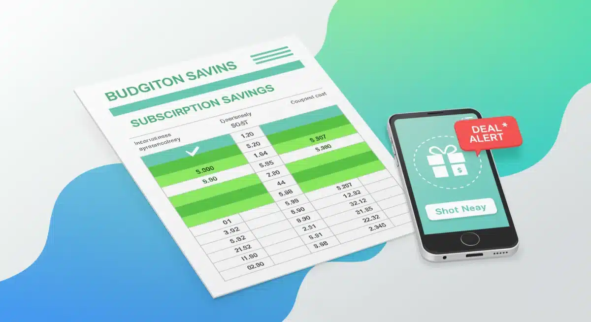 Financial graphic showing subscription savings and deal alert on a smartphone