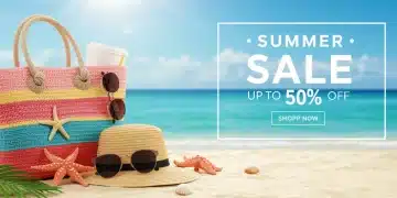 Summer beach scene with sale graphics