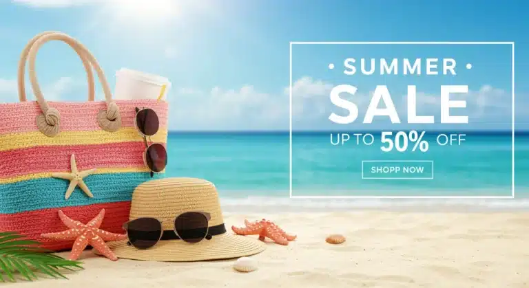 Summer beach scene with sale graphics