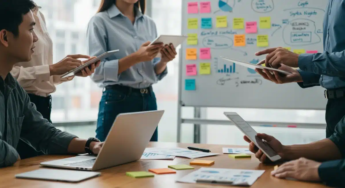 Team collaborating on digital market strategy based on competitive intelligence