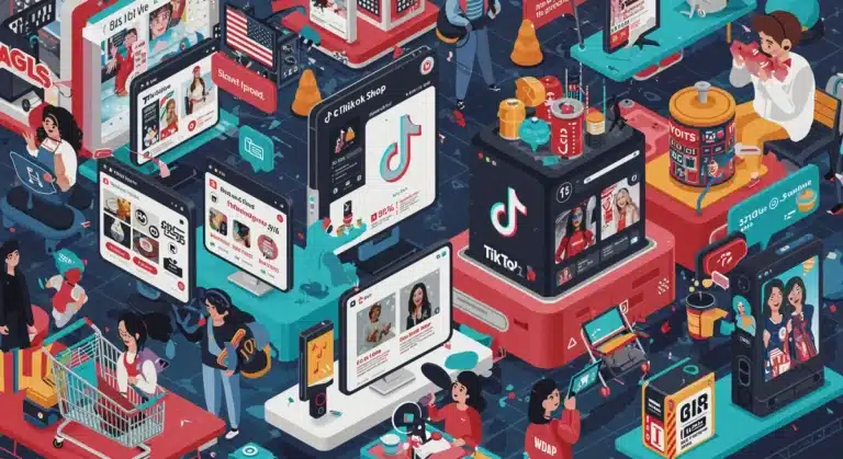 Dynamic visual representation of TikTok Shop's vibrant e-commerce ecosystem with products and user engagement.